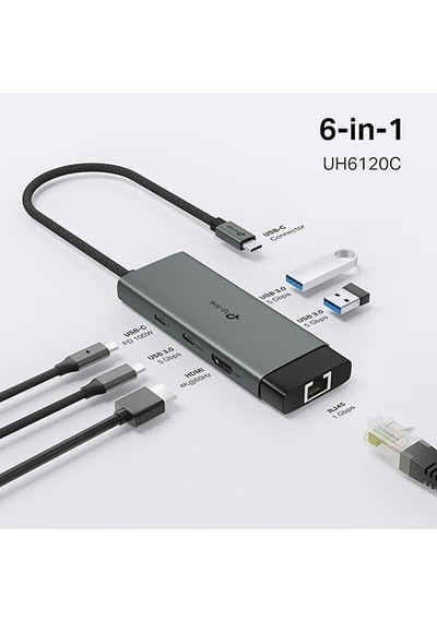 Uh6120c, 1 Hdmı, 1 100w Hızlı Şarj Portu, 1 Usb-c, 2 Usb-a 3.0 Port Ve Type C Den Gigabit Ethernet Dönüştürücü 01