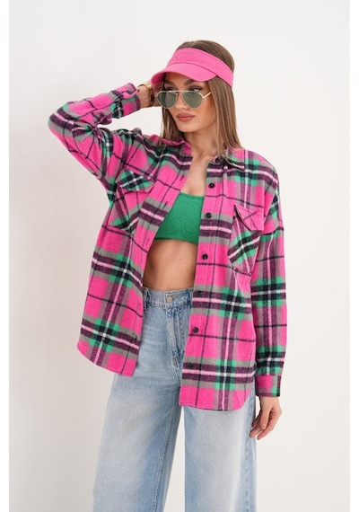 Mamayaga Kadın Desen Bloklu Oduncu Oversize Bol Ve Geniş Kalıp Casual Cepli Yakalı Ceket Gömlek Pembe