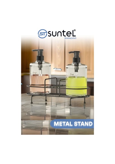 Suntel Siyah Pompalı Plastik Sıvı Sabunluk Seti 2 Li Metal Standlı Siyah