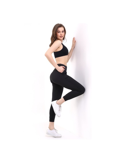 Winmoda34 Kadın Yüksek Bel Geniş Kemer Dalgıç Kumaş Jogger Full Likralı Tayt Eşofman Bilek Üstü Siyah