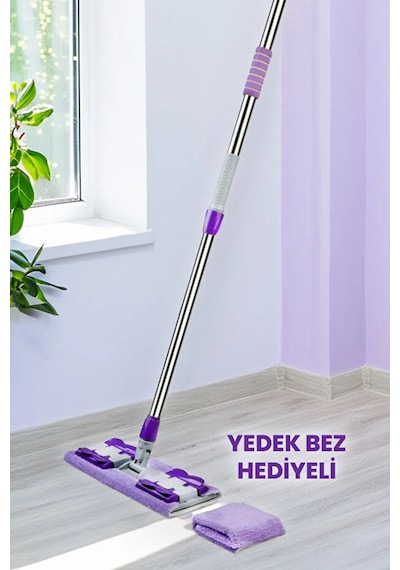 Mandallı Yüzey Temizlik Seti Mikrofiber Paspas Yer Duvar Cam Klipsli Yedek Bez Hediyeli Mor