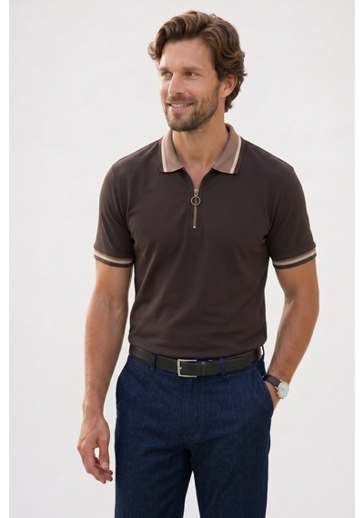 Tudors Erkek Slim Fit Dar Kesim %100 Pamuk Kısa Kollu Yarım Fermuarlı Kahverengi Polo Yaka Tişört-50746