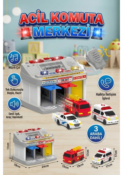 Sesli Ve Işıklı Acil Durum Komuta Merkezi Garaj Seti - Telsizli, 3 Araçlı Eğitici Oyuncak Çok Renkli