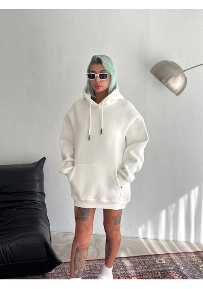 Novalisse Kadın Kapüşonlu Kanguru Cepli 3 İplik Pamuklu Oversize Hoodie Sweatshirt - Beyaz Çoklu Renk