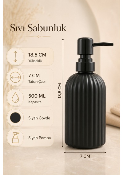 Vovy Çizgili Cam Sabunluk 500 Ml Siyah Pompalı Modern Sıvı Sabun Ve Deterjan Dispenseri - 18,5 Cm X 7 Cm