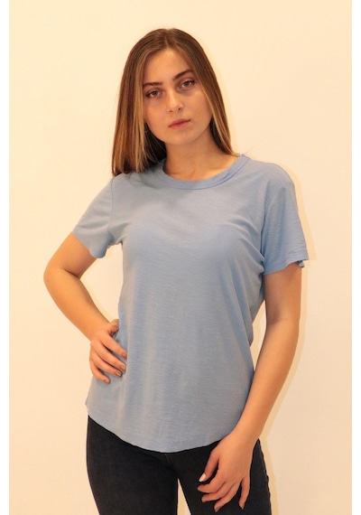 Rich Kadın Organik Bisiklet Yaka T-shirt %100 Pamuk Tişört Mavi