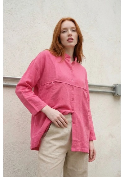 Hiccup My Fashıon Oversize Uzun Kollu Keten Karışımlı Gömlek Parlak Pembe