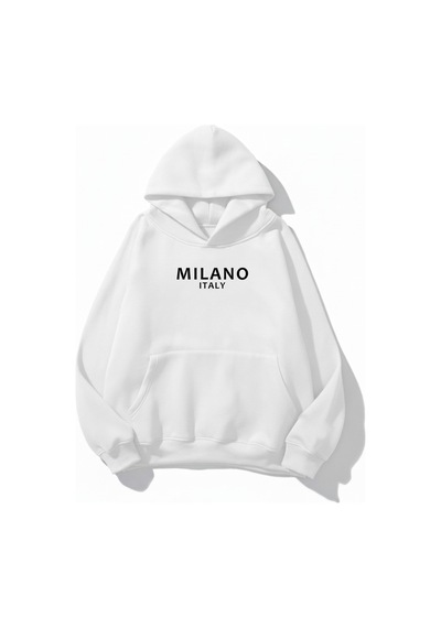 Uyguntarz Unisex Yumuşak Dokulu Milano Italy Baskılı Tasarım Oversize 3 İplik Hoodie Sweatshirt beyaz
