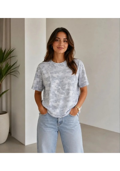 Efnaz Style Batik Desenli Tişört Bisiklet Yaka Kısa Kol Regular Fit T-shirt - Gri