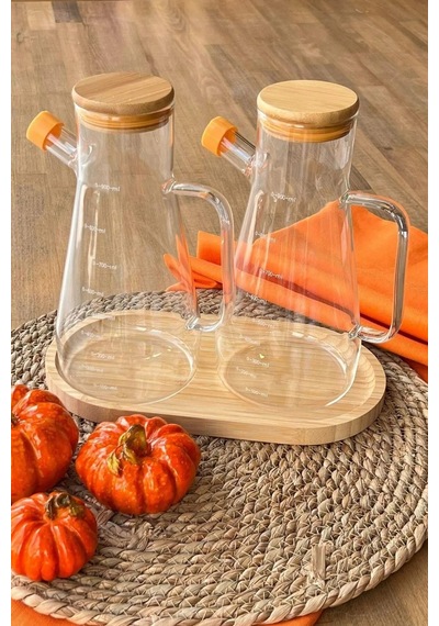 2 Adet Bambu Kapaklı Borosilikat Cam Yağlık Sirkelik 900ml Şeffaf