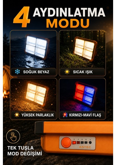 Astec Solar Şarjlı Led Projektör Powerbank Özellikli Ip66 Kamp Acil Durum Çakarlı Premium
