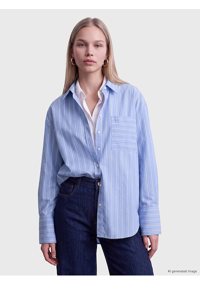 Lcw Vision Mavi Çizgili Cepli Oversize Kadın Gömlek