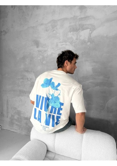 Erkek Ön Ve Arka Baskılı T-shirt Kısa Kol Bisiklet Yaka Regular Fit Tişört - Beyaz