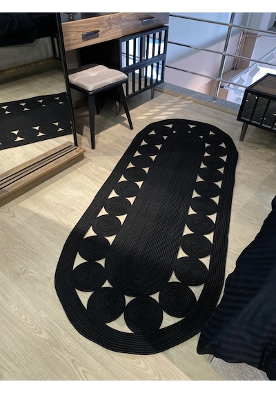 Mavaux Jüt Hasırlı El Örgüsü Kilim Siyah
