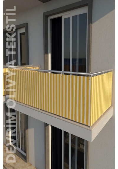 Devrim Olivya Tekstil Sarı-Beyaz Dört Tarafı Bağcıklı Balkon Demiri Perdesi - Her Ölçüde En X Boy Seçenekli Sarı - Beyaz