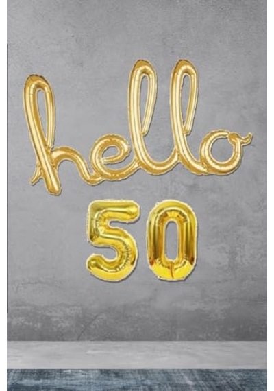 50 Yaş Doğum Günü Balonları - Hello 50 El Yazısı Gold Renk Folyo Balon 2 Yaş Mavi
