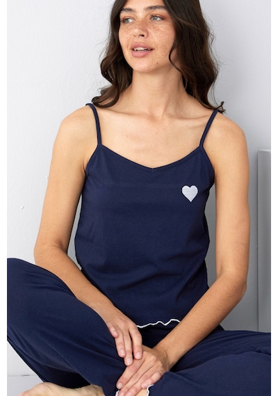 Siyah İnci İp Askılı Örme Pijama Takım 7883 Lacivert