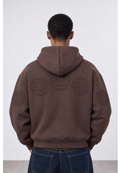 Respire Erkek Rosette Nakışlı Oversize Hoodie Kahve