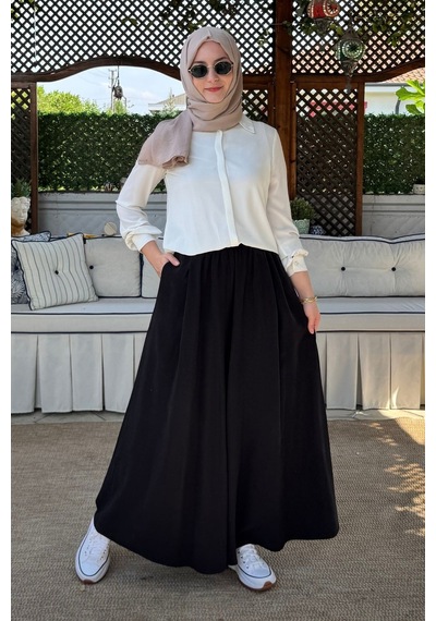 Rabia Şamlı Vera Etekli Pantolon Siyah Normal