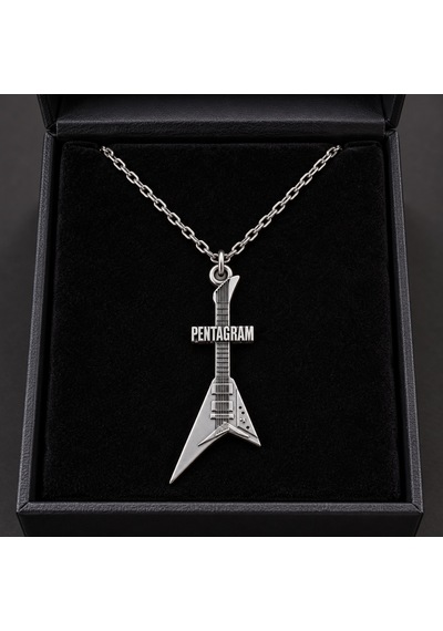 Pentagram Elektro Gitar Figürlü Kolye Gümüş Renk Metal Müzik Aksesuarı Altın - Gümüş
