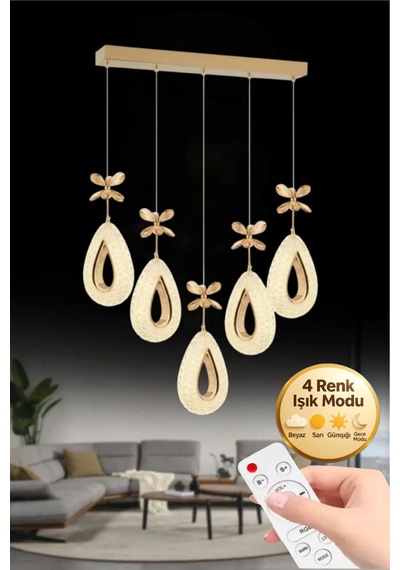 LumiaLighting Damla Model 5"li Gold Kumandalı 3 Renk Modu Yemek Masası Oturma Çocuk Yatak Odası Modern Ledli Avize Altın
