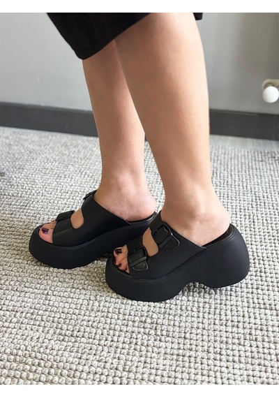 Asmi Shoes Kadın Wera Siyah İki Tokalı Kalın Taban Ortopedik Sandalet&terlik