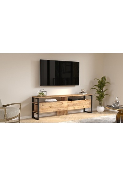 El19 Elanor 180cm Metal Tv Ünitesi Tv Sehpası 2 Kapaklı Ela19-a Atlantik Çam