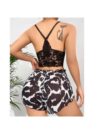 Mr Owl Kadın Siyah Leopar Desenli Dantel Detaylı Şortlu Pijama Takımı