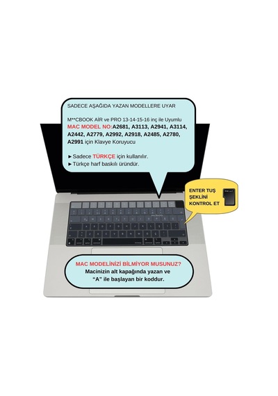 Apple Uyumlu MacBook Klavye Koruyucu Silikon Kılıf Türkçe Q Baskılı Uk-ters L-enter Tipi Air 13,6-15,3 İnç P