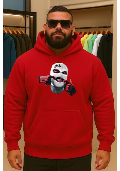 Benroma 3 İplik Penye Maske Baskılı Büyük Beden Sweatshırt Kırmızı