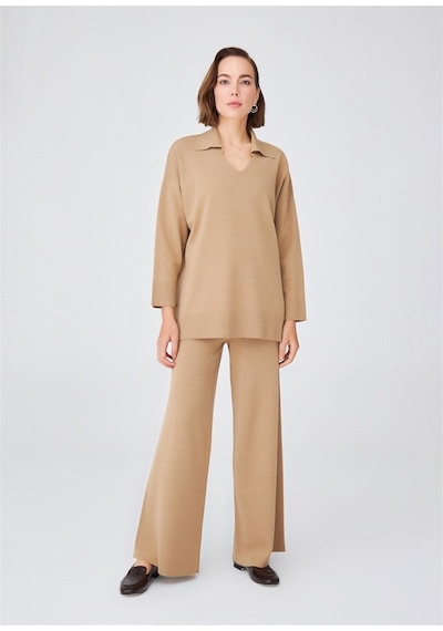 Peraluna Polo V Yaka Bol Kesim Kadın Triko Kazak Camel Melanj Camel