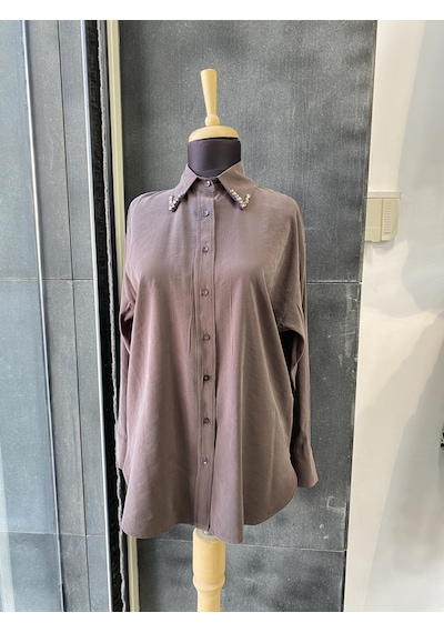 Pera Moda Yakası Taşlı Modal Kumaş Oversize Kadın Gömleği Kahverengi