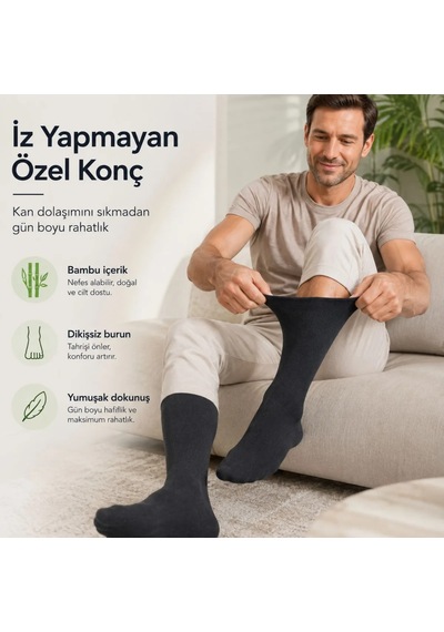 Genel Bambu Diyabet Çorabı 3'lü Lastiksiz Dikişsiz Burun Siyah Uzun Konç Hassas A Siyah / 39-44 / 3 Adet