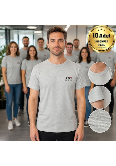Logonuza Özel 10 Adet Gri Promosyon Tişört - Pamuk Unisex Kullan At Kurumsal Tişört