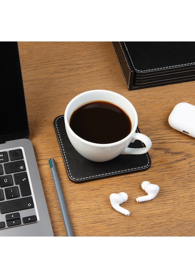 Bardak Altlığı,6 Lı Set,masaüstü Kare Cup Coaster,vegan Suni Deri,11x11 Cm.,siyah