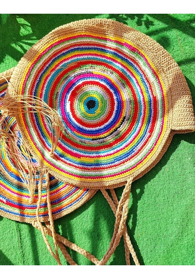 Kemzey Handmade Yuvarlak Xxl Çizgili Tote , Kağıt İp El Yapımı Renkli Çanta Çok Renkli Sarı