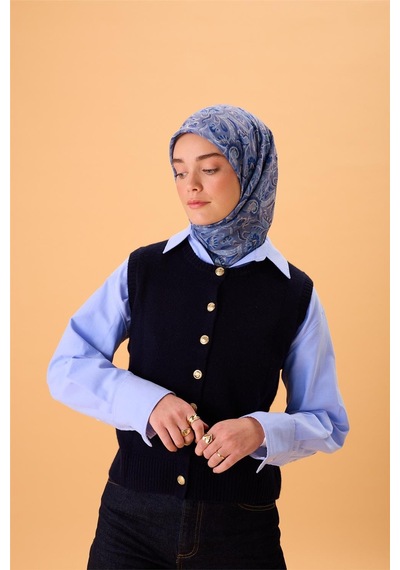 Silk Home İnce Pamuk Soft Eşarp Saks-indigo Desenli Tok Duruşlu 90x90 Çok Renkli