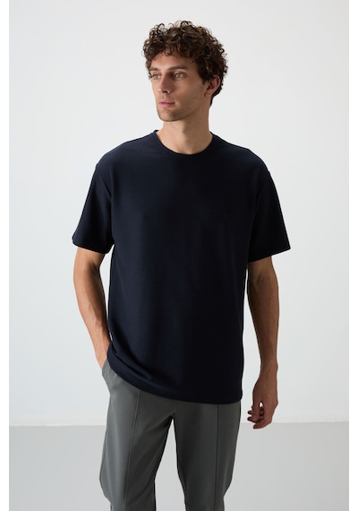 Air Jones Tommy Life Lacivert Waffle İnterlok Yüzeyi Dokulu Oversize Fit Basic Erkek T-shirt - 88379 Lacivert