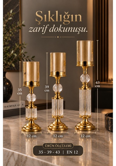 Kristal Ve Cam Detaylı Metal Şamdan Sarı