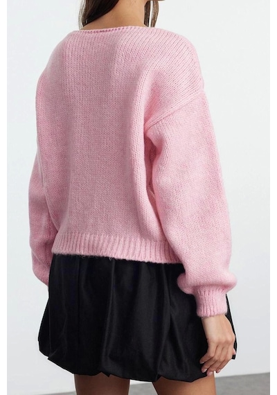 Frm Kadın Moda Şık Regular V Yaka Slim Gül Detaylı Triko Hırka Pudra