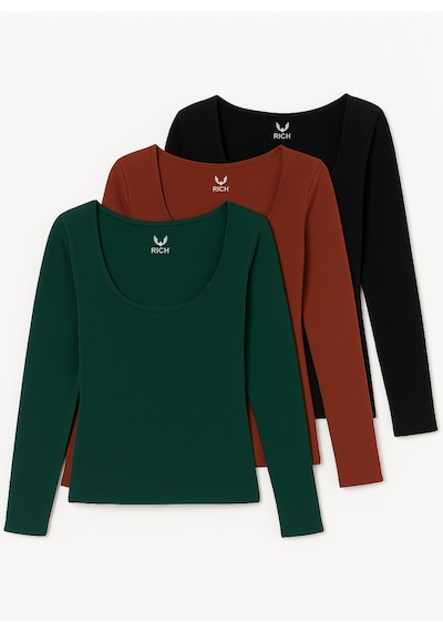 Rich Kadın Koyu Yeşil-bordo-siyah 3'lü Paket U Yaka Uzun Kollu Bluz Bordo - Yeşil