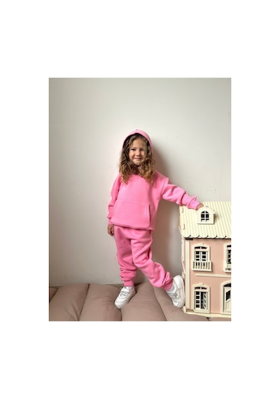 Heyadventure Kız Çocuk Eşofman Takımı Kanguru Cepli Kapüşonlu 3 İplik Şardonlu Pembe Pembe