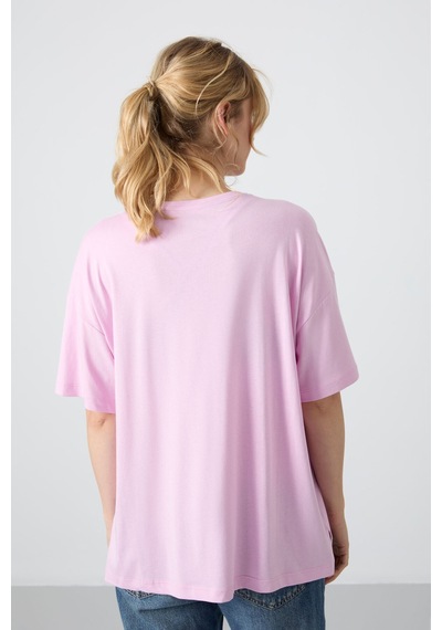 Tommy Life Pembe Penye Modal Yumuşak Tuşeli Oversize Fit Basic Kadın T-shirt- 97285 Pembe