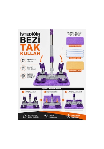 Mandallı Mop Paspas Kıskaçlı Bez Takmalı Yer, Duvar Ve Cam Temizlik Mopu 1 Adet Yedek Bez Hediyeli 180 Döner Başlık Teleskopik Sap 88-132 Cm 2'li Set