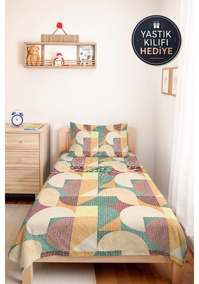 Geometrik Yeşil Genç Odası Tek Kişilik Pike Takımı - Hardal Kahve 160x220 Cm Kapitone Yatak Örtüsü Mat Sepet Esintisi