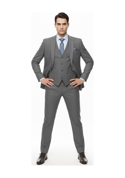 Presto Erkek Yelekli Slim Battal Takım Elbise 6 Drop Gri 792-070 Gri
