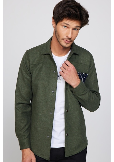 Tudors Slim Fit Kaşe Çıtçıtlı Armalı Düz Oduncu Haki Erkek Gömlek-28579-haki Haki