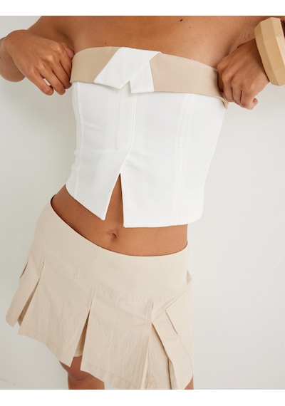 Koton Crop Straplez Büstiyer Kat Detaylı Renk Kontrastlı Slim Fit Kırık Beyaz 4sak30165ew Ekru