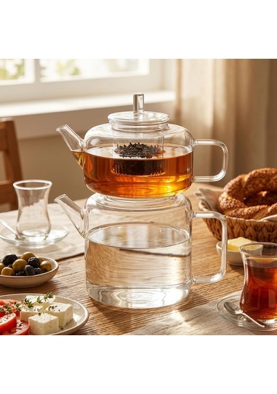 Lexroo Flat Borosilikat Cam Çaydanlık Takımı 980 Ml Demlik + 1600 Ml Alt Demlik Çok Renkli