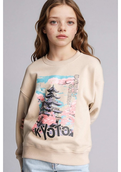 Defacto Kız Çocuk Relax Fit Bisiklet Yaka Baskılı Sweatshirt E6843a825wnbg187 Bej-bg187